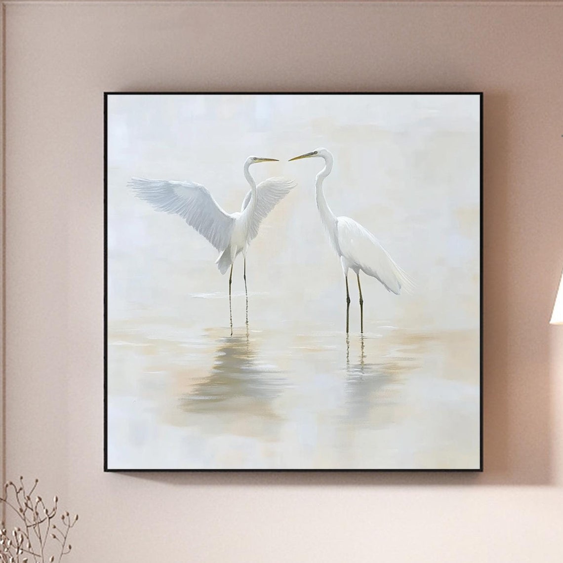 Two White Egrets Facing Each Other Calm Water Bird Art Poster
