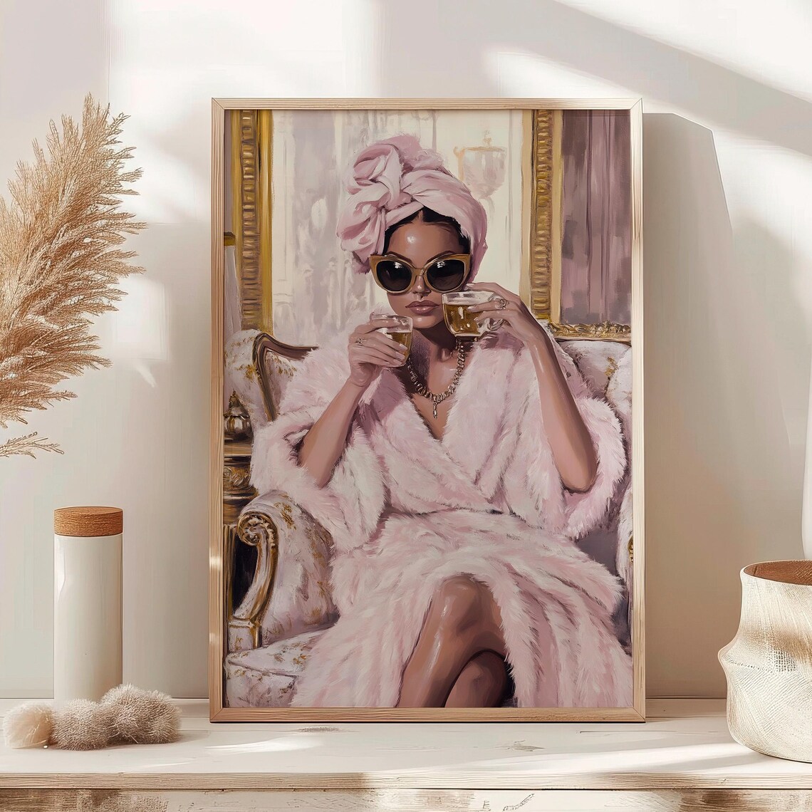 Elegant Woman In Pink Robe With Drinks Luxury Salon Art Poster