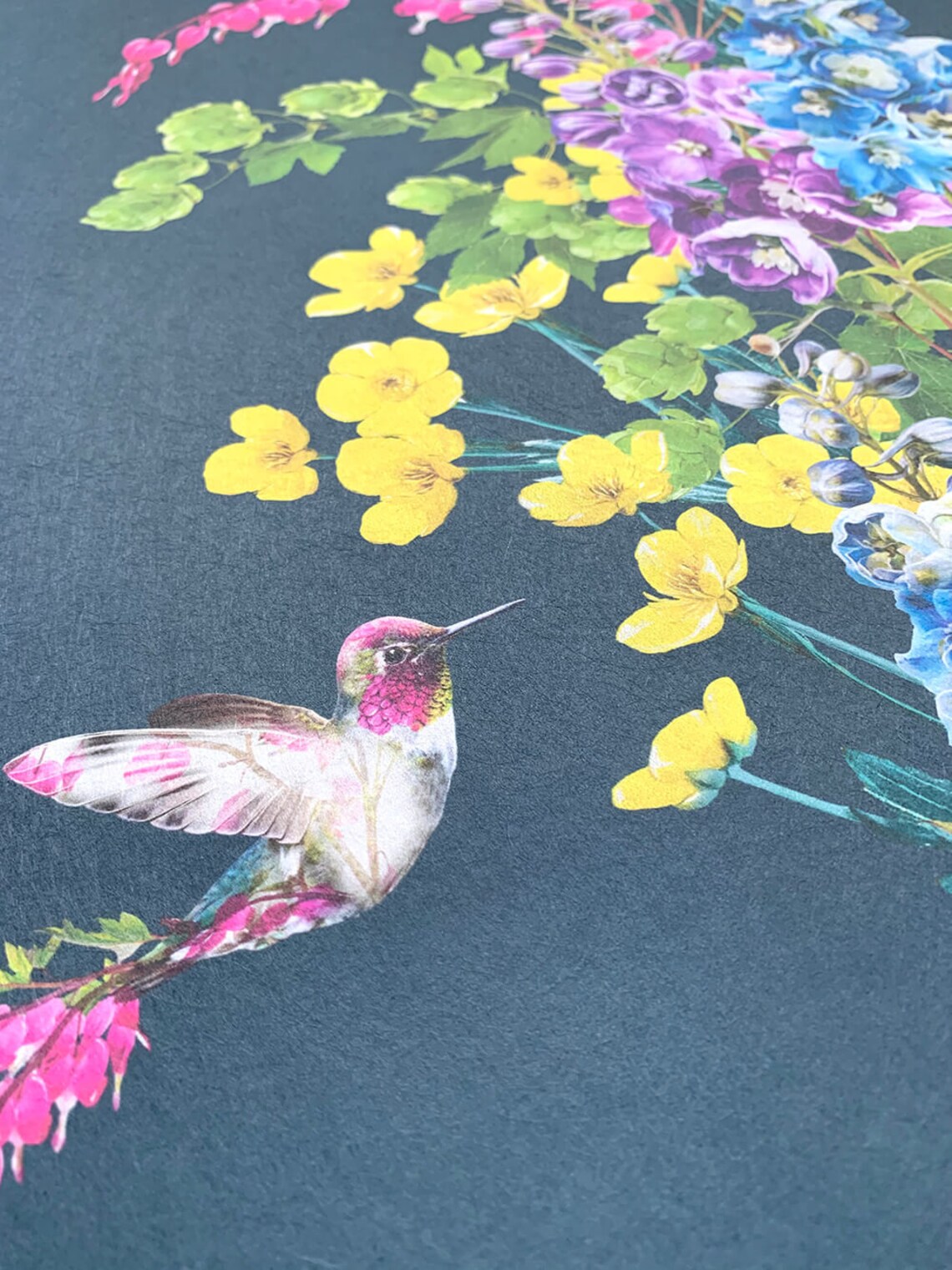 Dark Blue Hummingbird Botanical Floral Wallpaper Sample Art Print