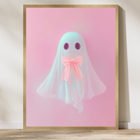 Pink Ghost Wall Art Print Pink Bow Ghost Cute Ghost Painting Coquette Aesthetic Halloween Decor Preppy Trendy Girly Art