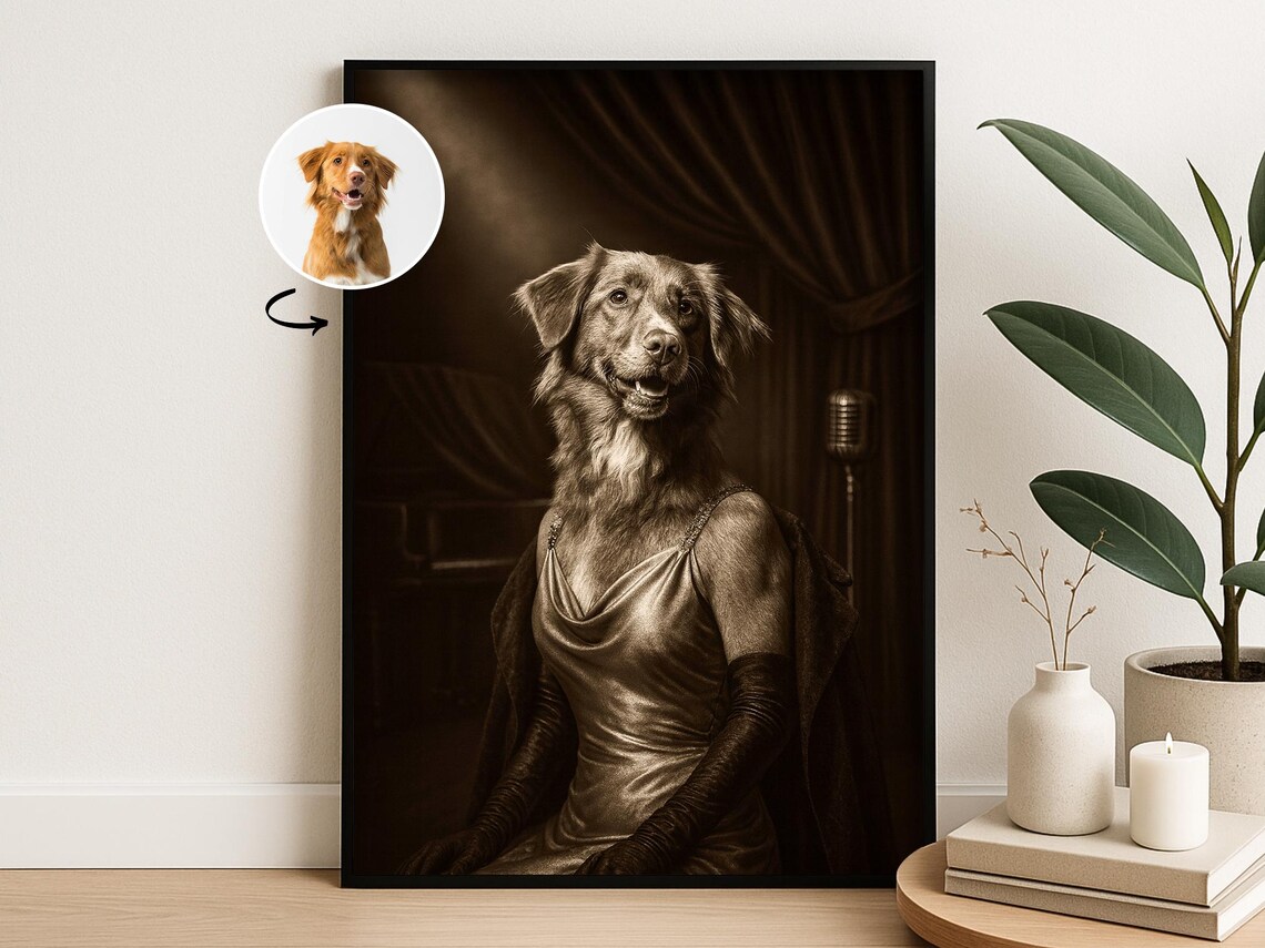 Custom Old Hollywood Dog Portrait Vintage Sepia Glamour Style Poster
