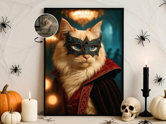 Halloween Custom Pet Portrait Gothic Masquerade Wall Art Vampire Costume Dog Cat Poster