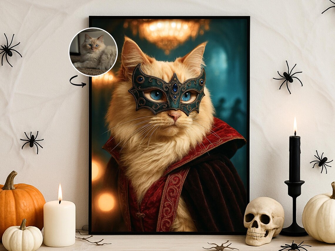 Halloween Custom Pet Portrait Gothic Masquerade Wall Art Vampire Costume Dog Cat Poster