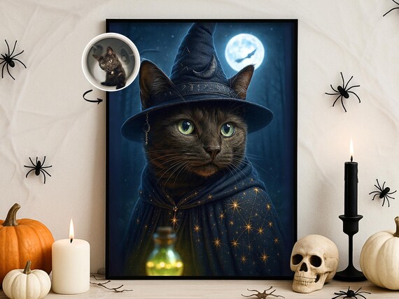 Halloween Pet Portrait Custom Witch Dog Or Cat Art Full Moon Poster