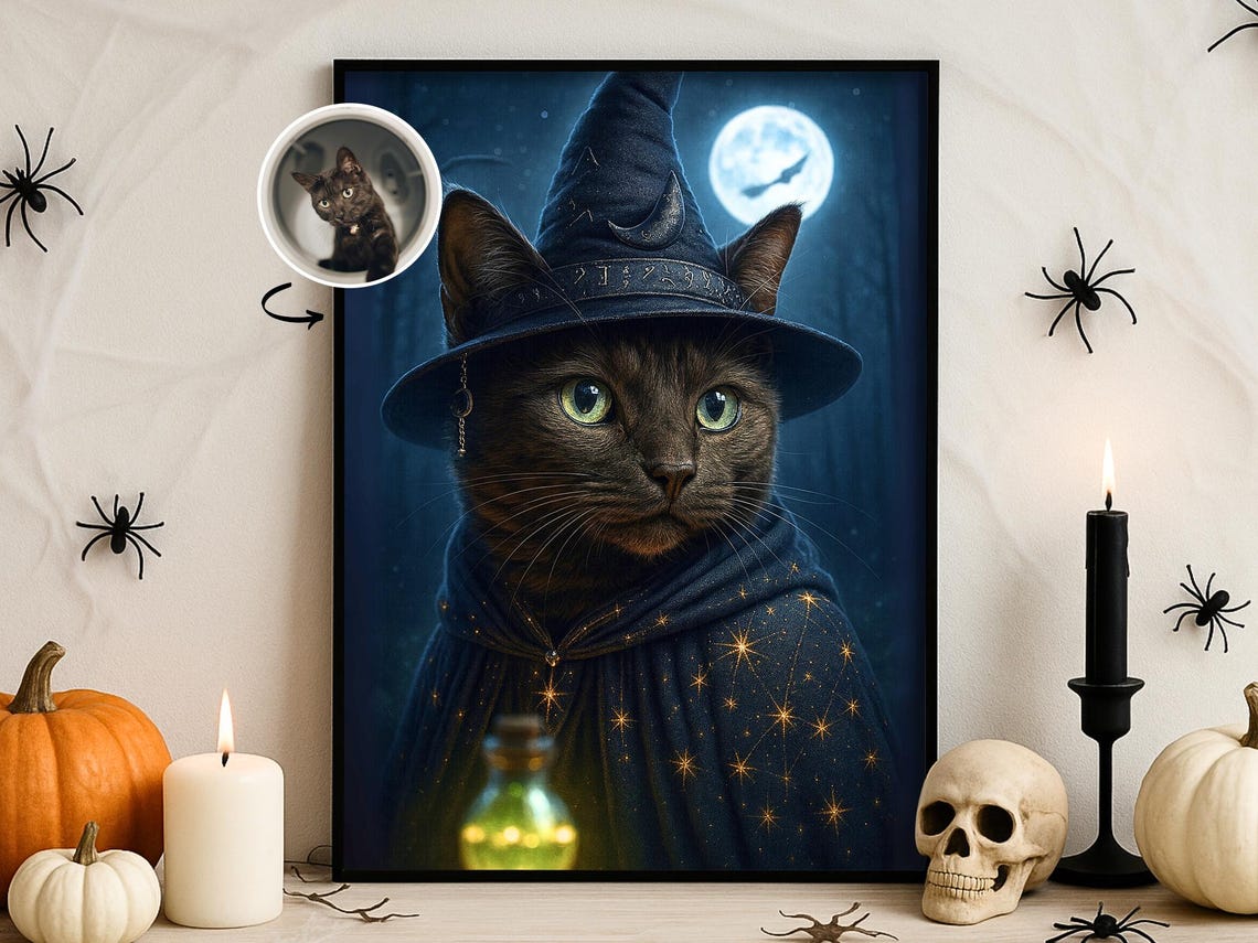 Custom Witch Cat Portrait Full Moon Starry Cloak Halloween Poster