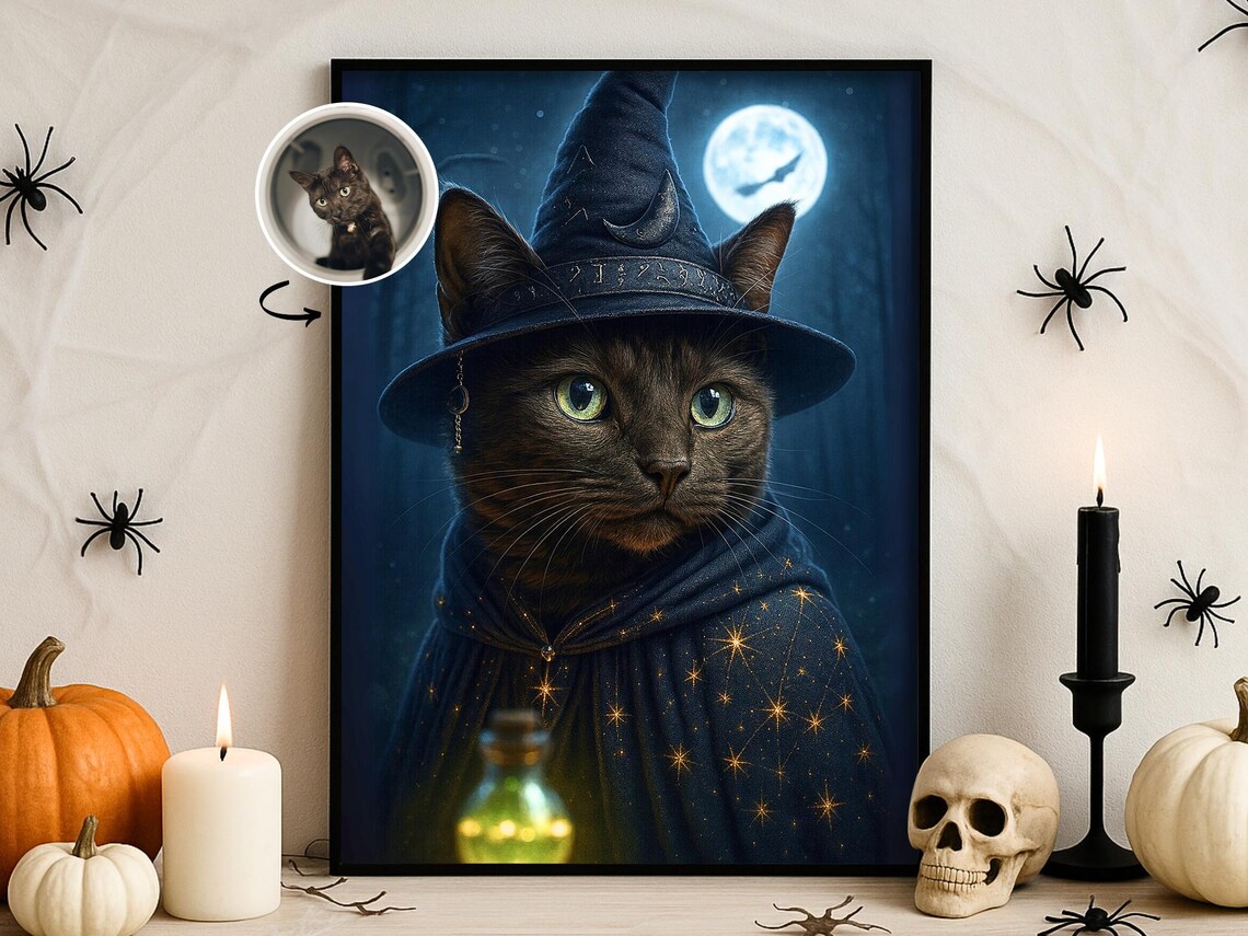 Halloween Pet Portrait Custom Witch Dog Or Cat Art Full Moon Poster