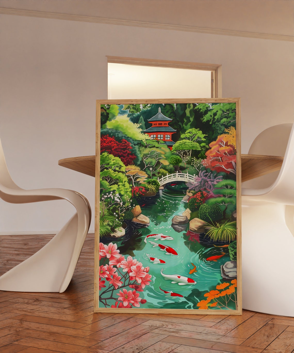 Koi Fish Pond Poster Japanese Garden Pagoda Bridge Floral Scene Art - Image 2