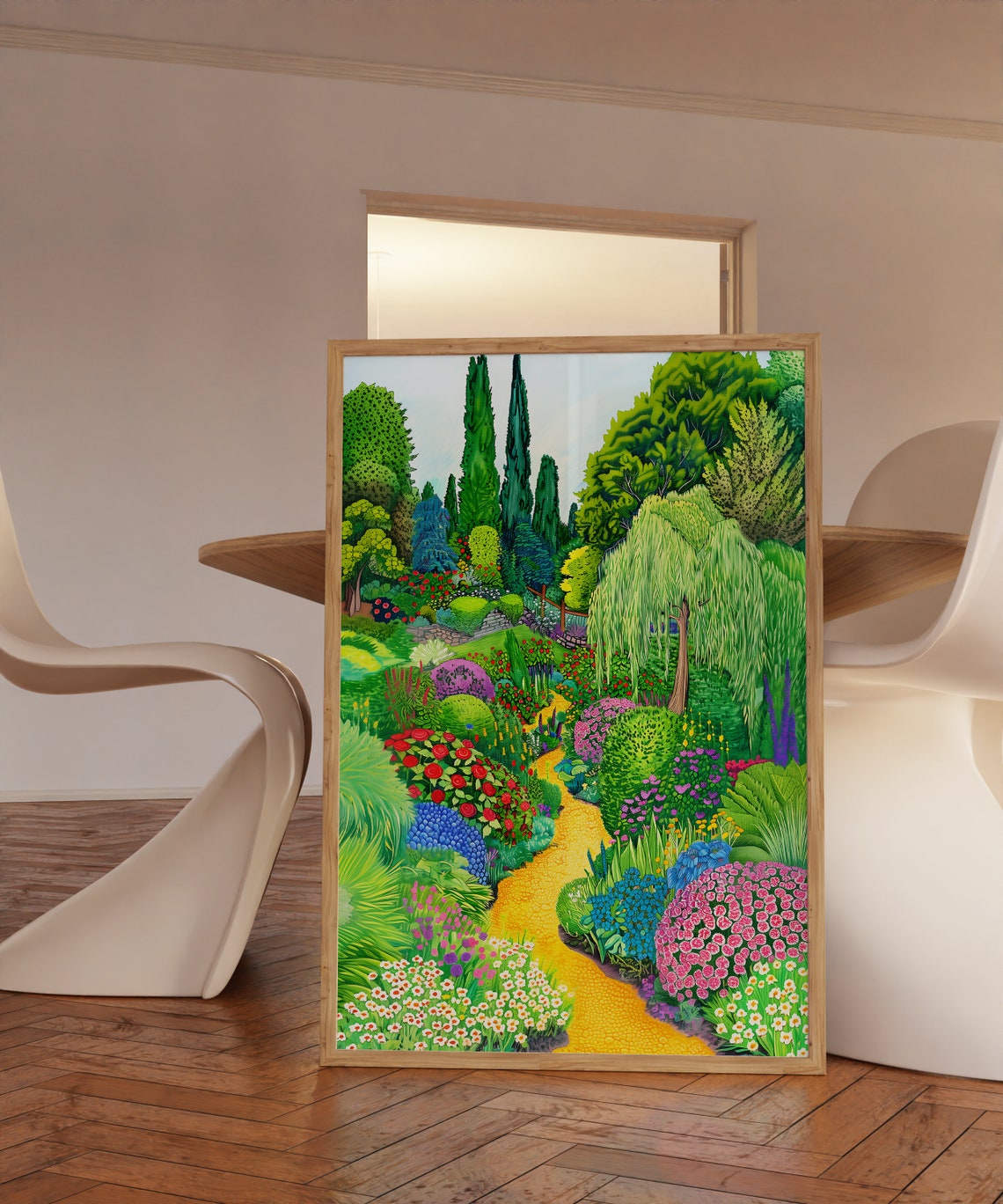 Lush Flower Garden Path With Weeping Willow Botanical Art Print