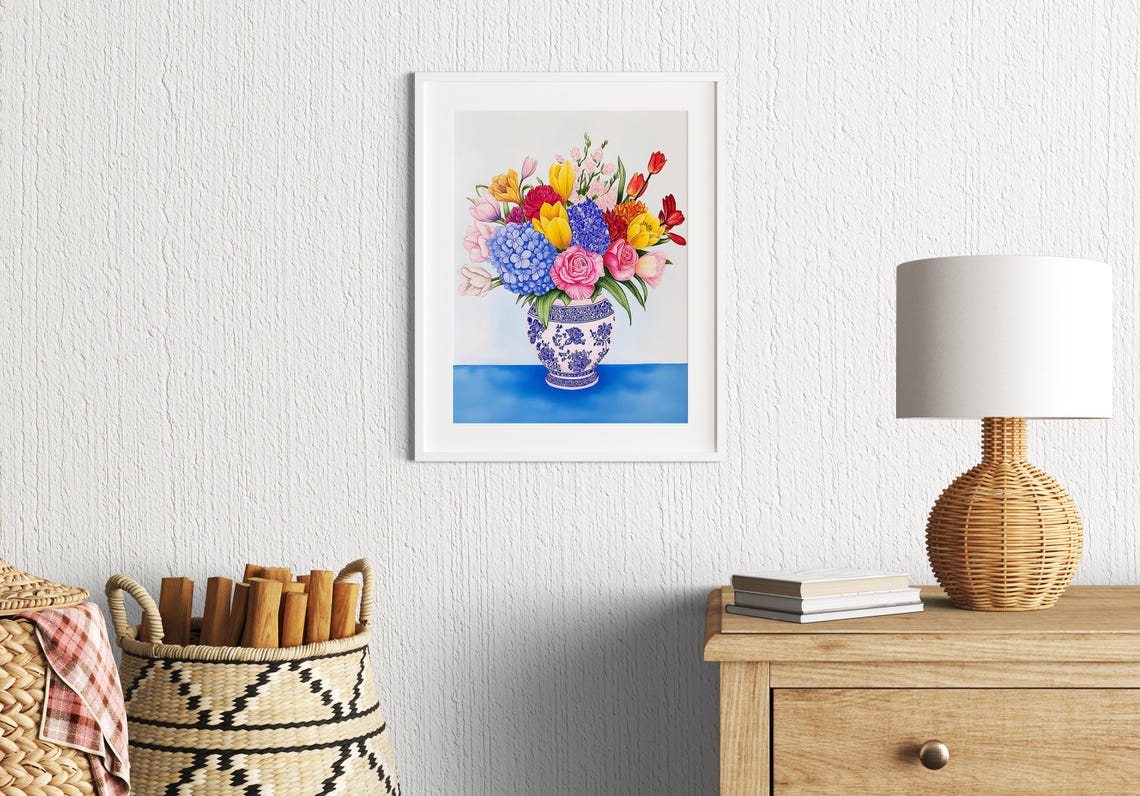 Mixed Flower Bouquet In Blue And White Porcelain Vase Art Print - Image 3