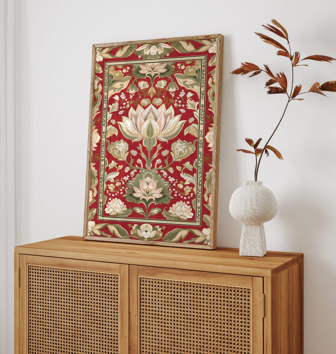 Vibrant Indian Lotus Blossom Deep Red Bohemian Botanical Wall Art - Image 3