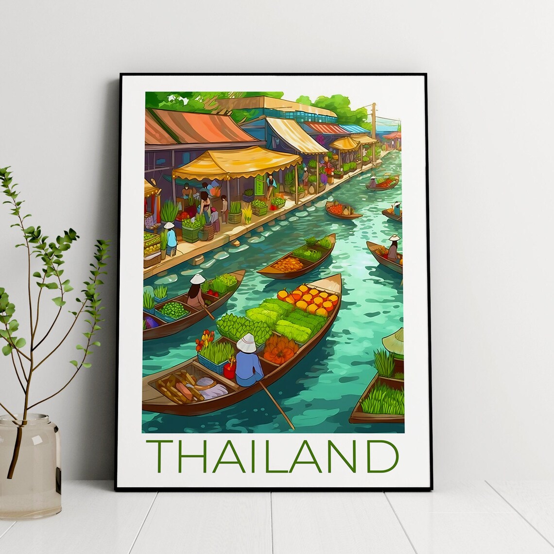 Thailand Water Market Travel Poster, Bangkok Market