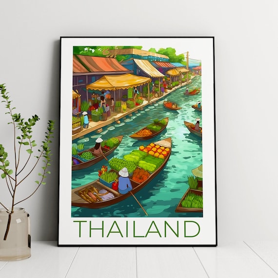 Thailand Water Market Travel Poster, Bangkok Market
