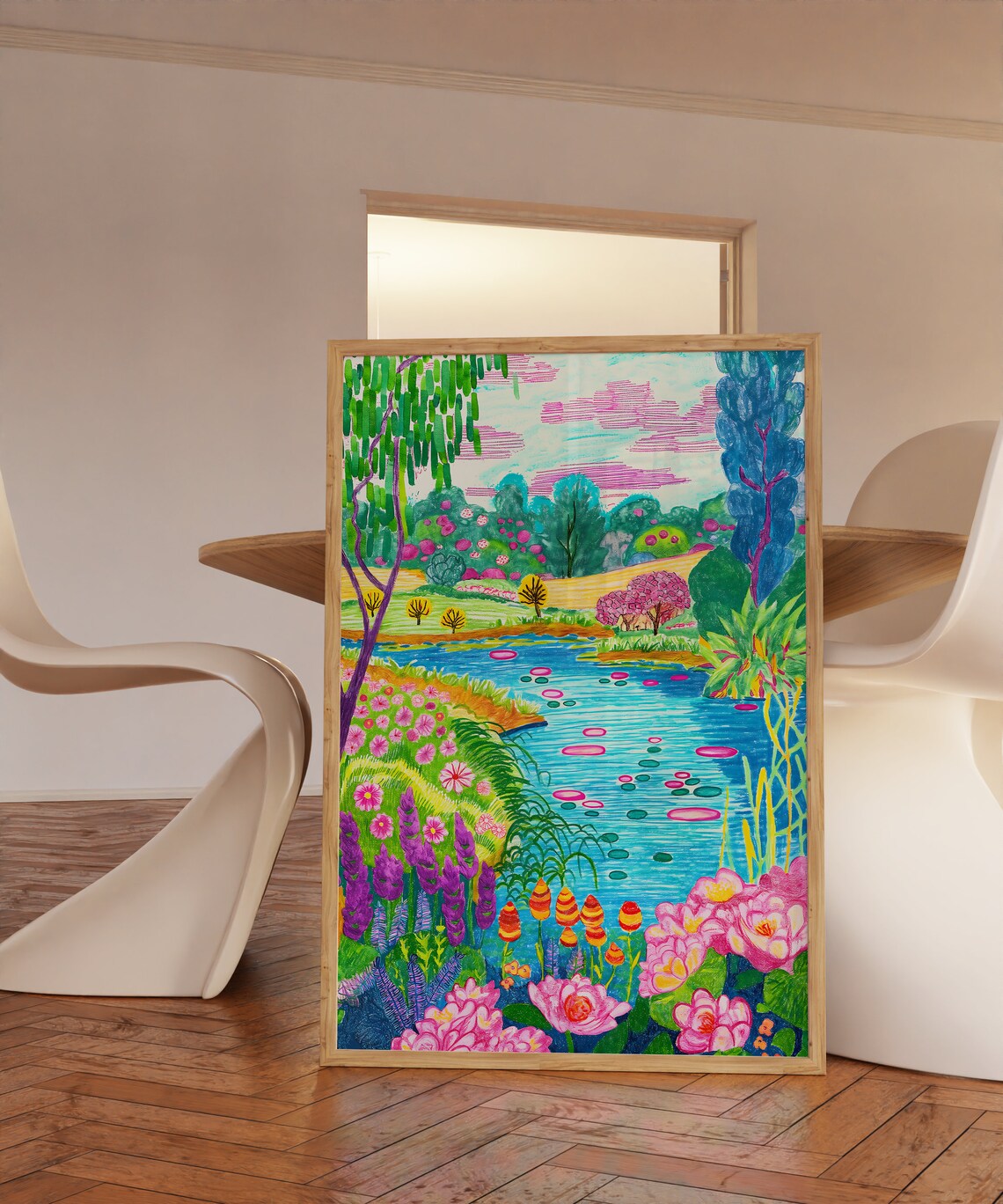 Flowers By The Lake Art Print, Nature Landscape - Image 2