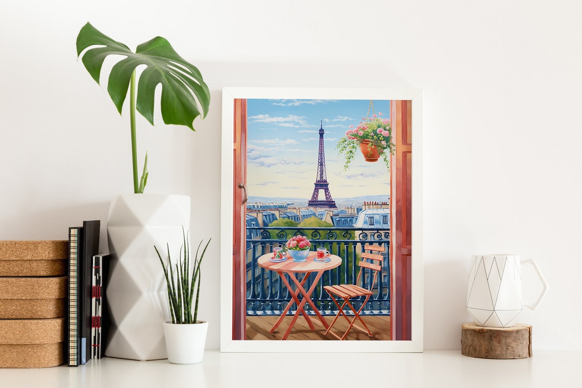 Paris Eiffel Tower Balcony Art Print With Flowers And City View - Image 2
