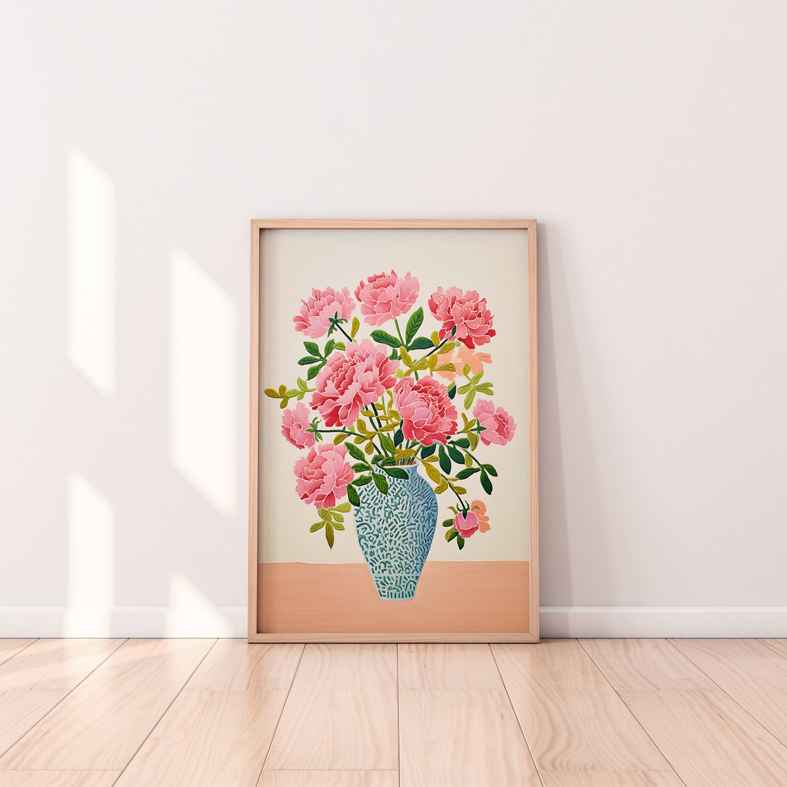Pink Peonies Bouquet in Blue Patterned Vase Floral Artwork Poster