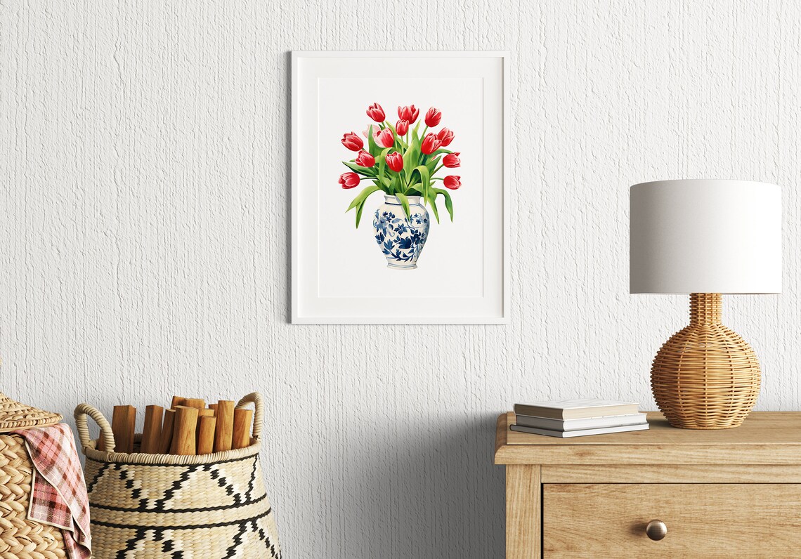 Tulips Red Bouquet Vase, Bohemian Modern Art Print - Image 2
