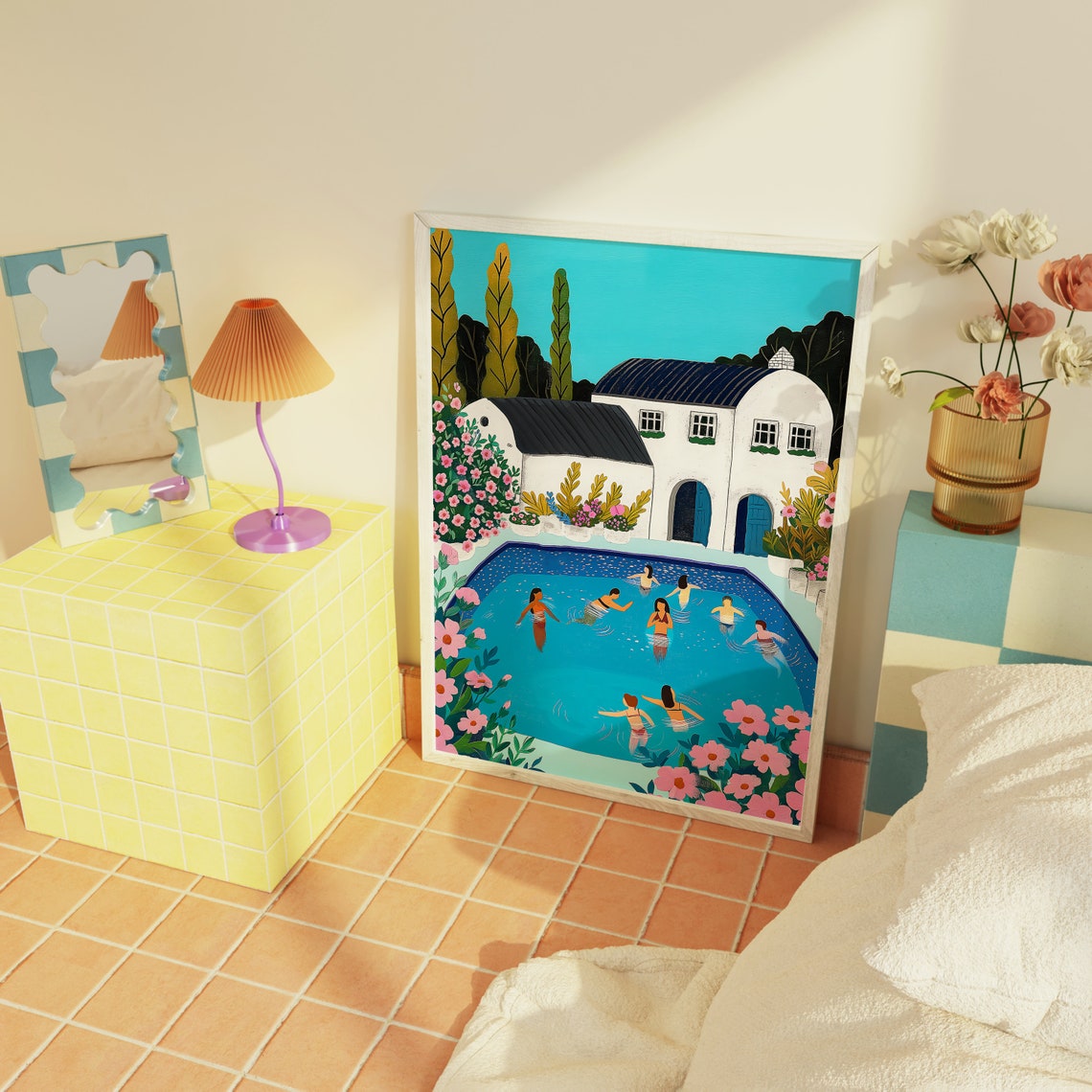 Poolside Summer Swimmers Villa Pink Flowers Illustration Print - Image 3