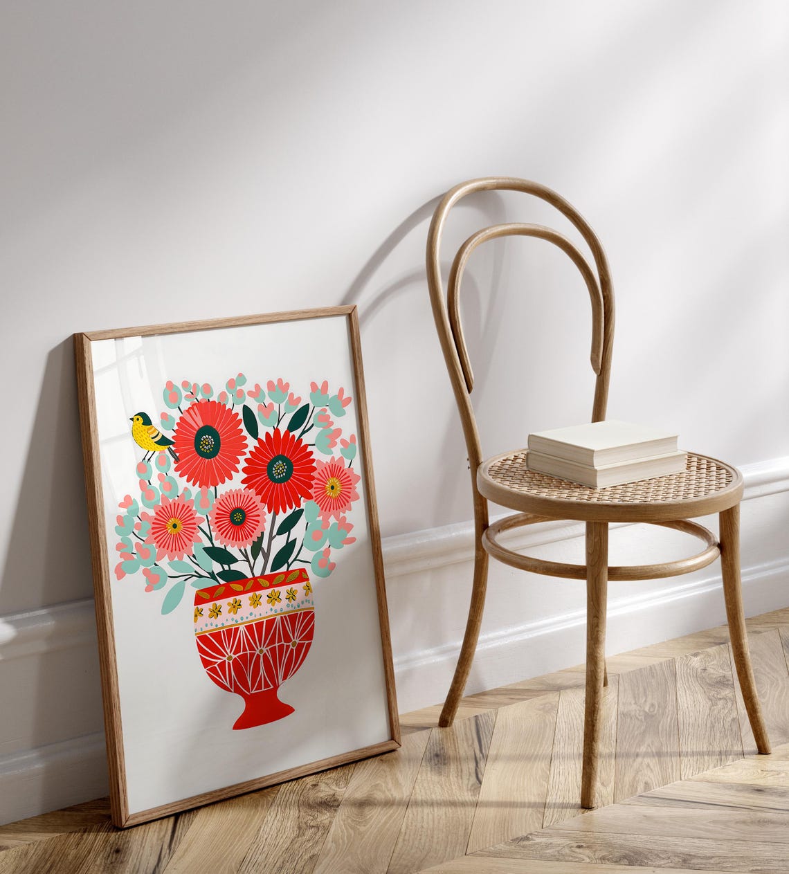 Red Vase Red Pink Flowers Yellow Bird Folk Floral Art Poster - Image 3