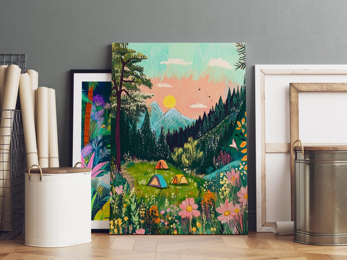 Colorful Camping Tents In A Mountain Wildflower Meadow Poster - Image 2