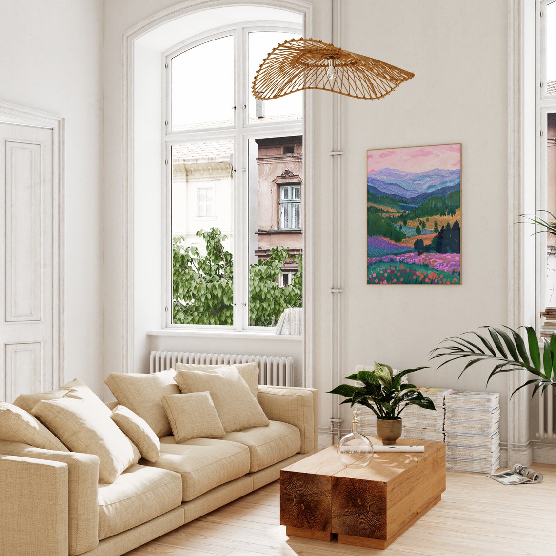 Mountain Fields Purple Peaks Poppy Meadow Landscape Wall Art - Image 2