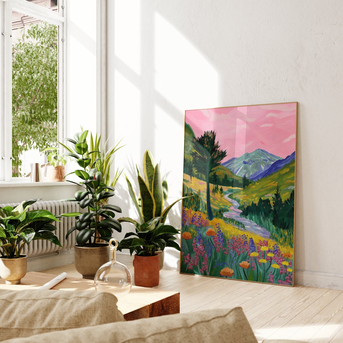 Bright Colorful Mountain Valley River Wildflower Pink Sky Wall Art - Image 2