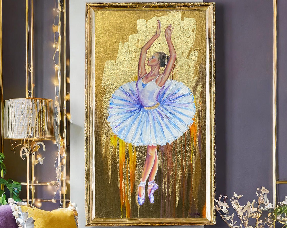 Dancing Ballerina Oil Painting Original Ballet Dancer Art Ballet Paintings Gold Ballerina In White Dress Oil Painting Ballerina Wall Decor