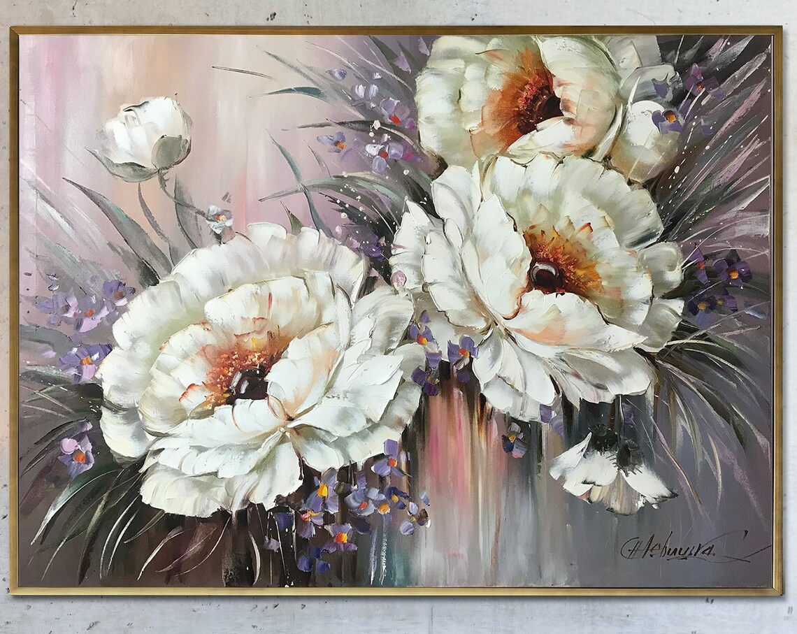 White Anemone Flowers Purple Accents Oil Painting Floral Art Poster - Image 3
