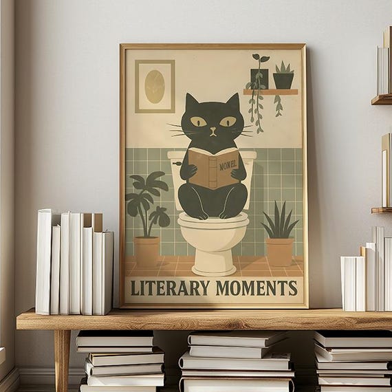 Funny Black Cat Bathroom Print Literary Humor Vintage Style