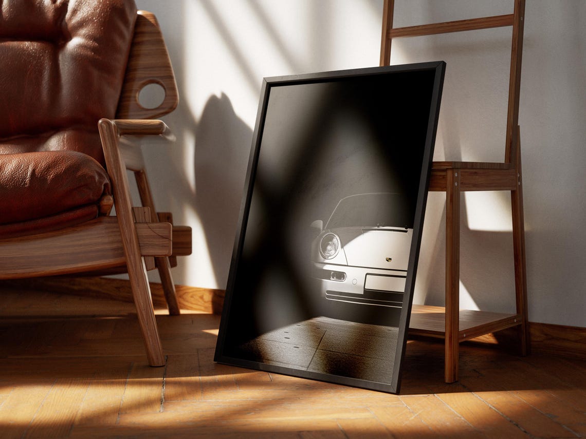 White Porsche 911 Emerging From Dark Shadow Dramatic Photo Poster - Image 2