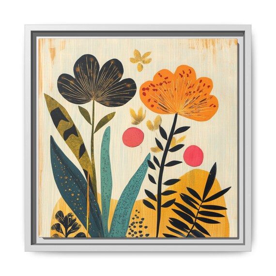 Mid Century Modern Floral Orange Blue Abstract Botanical Print