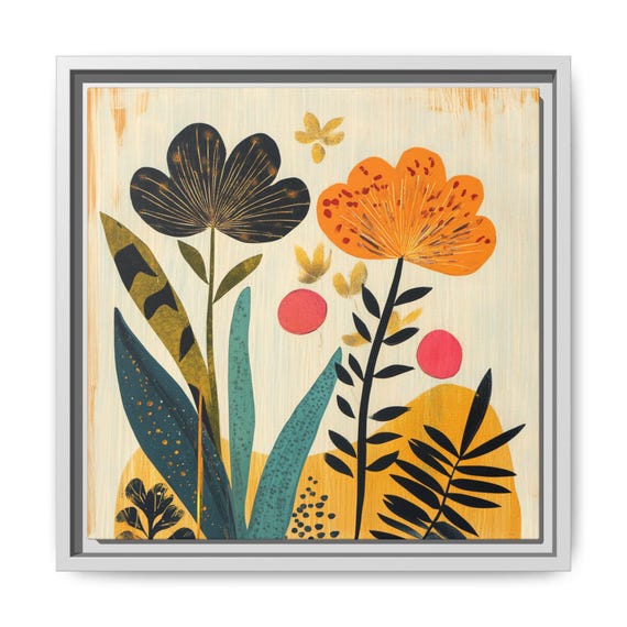 Mid Century Modern Floral Wall Art Abstract Botanical Retro Boho Nature Decor Colorful Minimalist Framed Flower Canvas