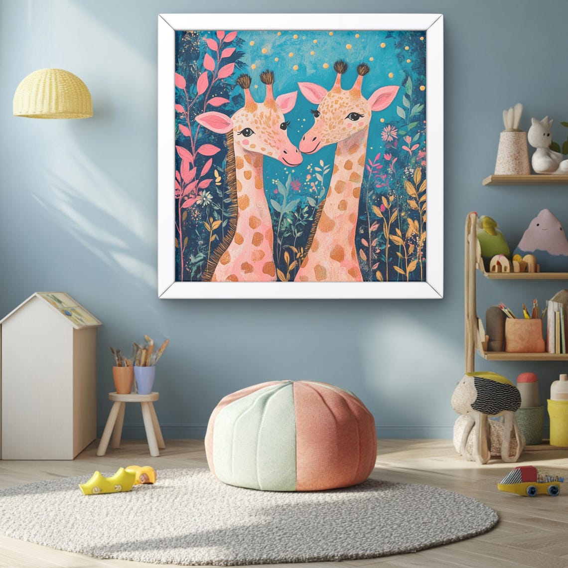Two Giraffes Blue Floral Whimsical Kids Nursery Room Decor Poster