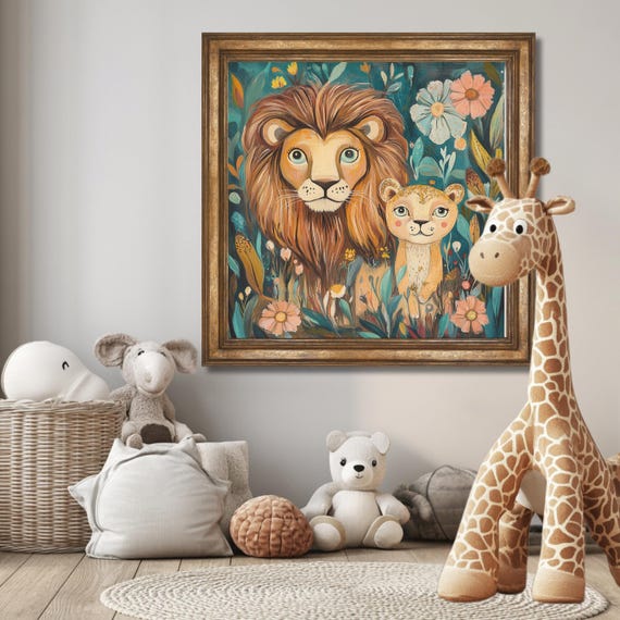 Whimsical Lion Wall Art Print Boho Safari Nursery Decor Jungle Animal Artwork For Kids Room Colorful Natureinspired Illustration