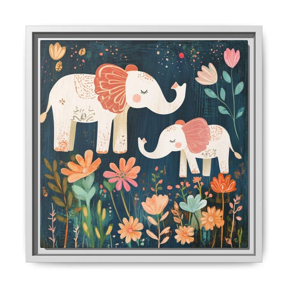 Whimsical Nursery Print Wall Art Boho Decor Floral Elephant Painting Multicolor Kids Room