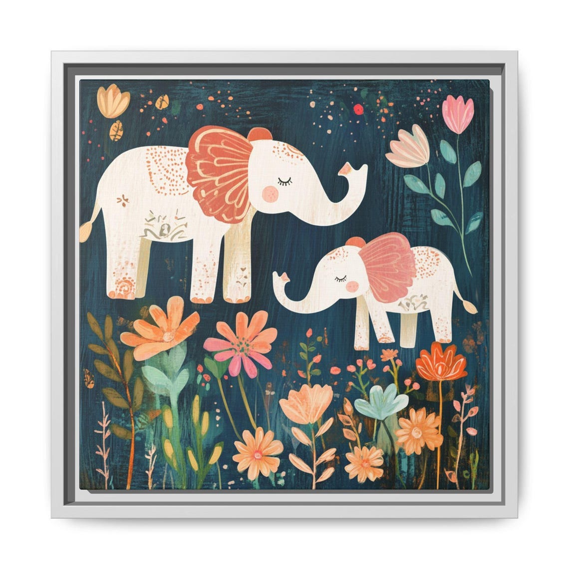 White Elephants Coral Blooms Whimsical Night Garden Decor Poster
