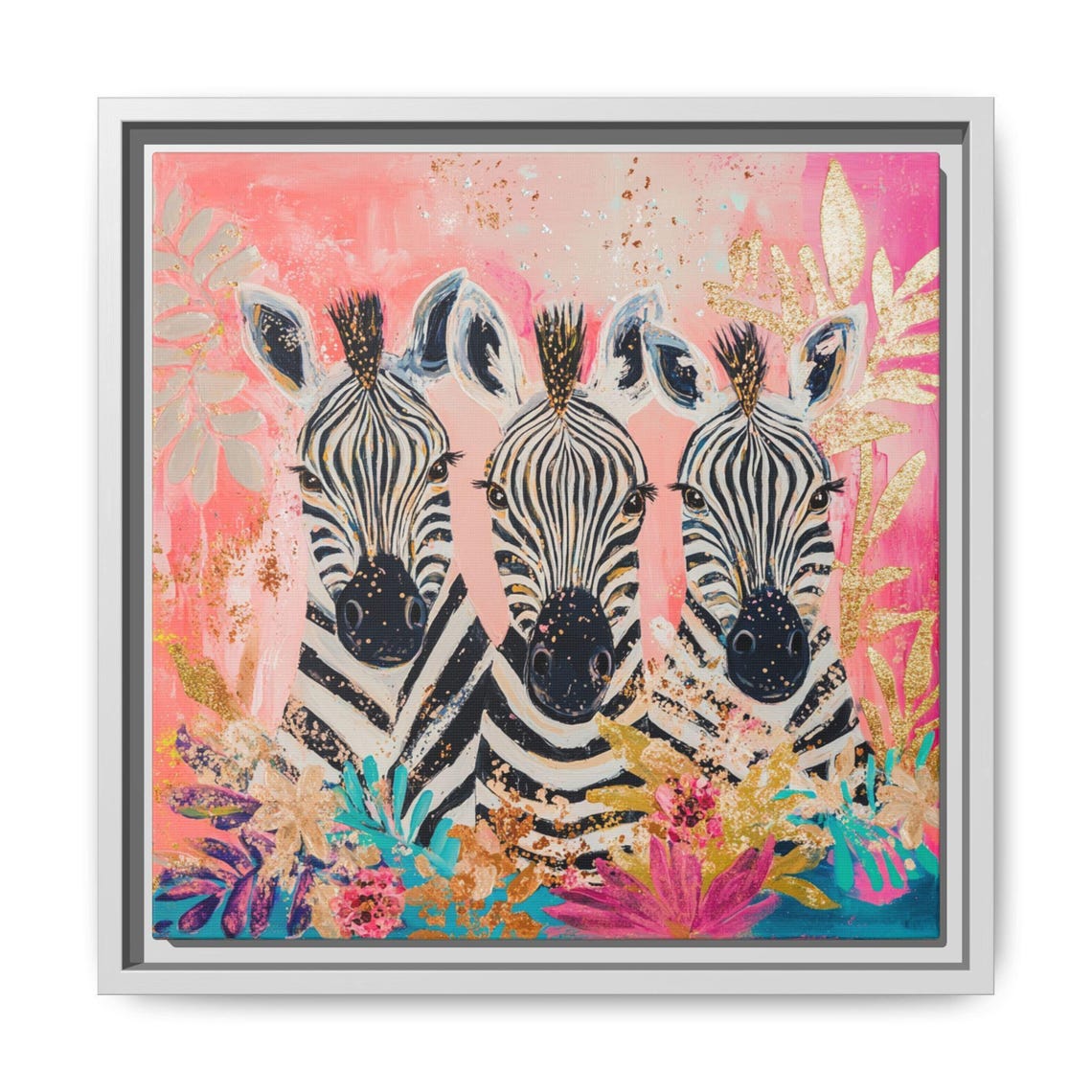 Three Zebra Faces Pink Gold Nursery Whimsical Kids Room Decor Poster