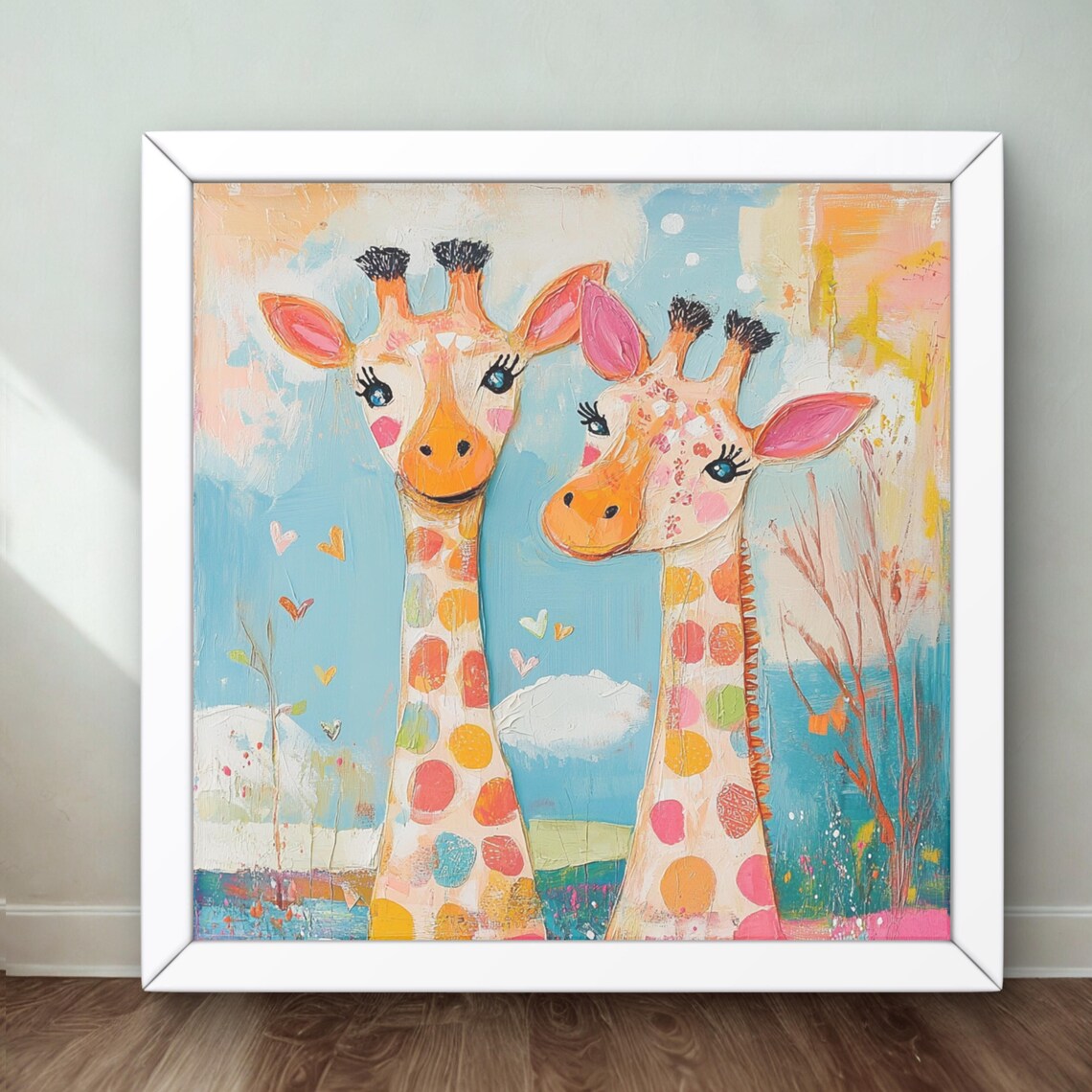 Two Sweet Giraffes With Hearts Nursery Floral Animal Decor Poster