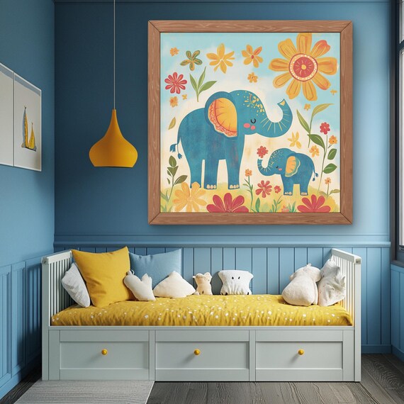 Whimsical Blue Elephant Baby Floral Boho Nursery Decor Poster