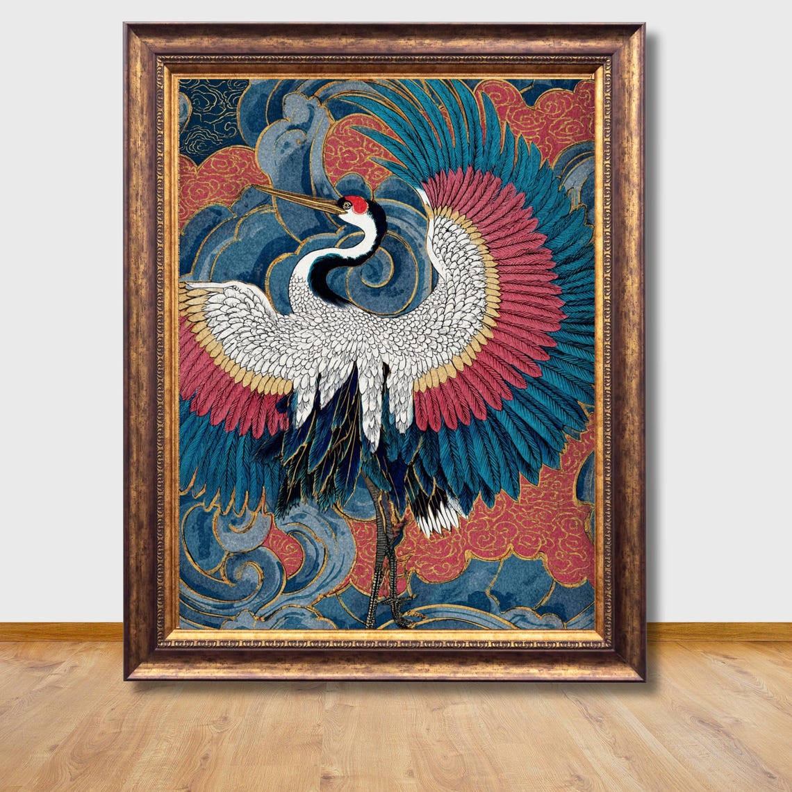 Japanese Crane Wings Spread Ukiyo-e Style Colorful Framed Poster