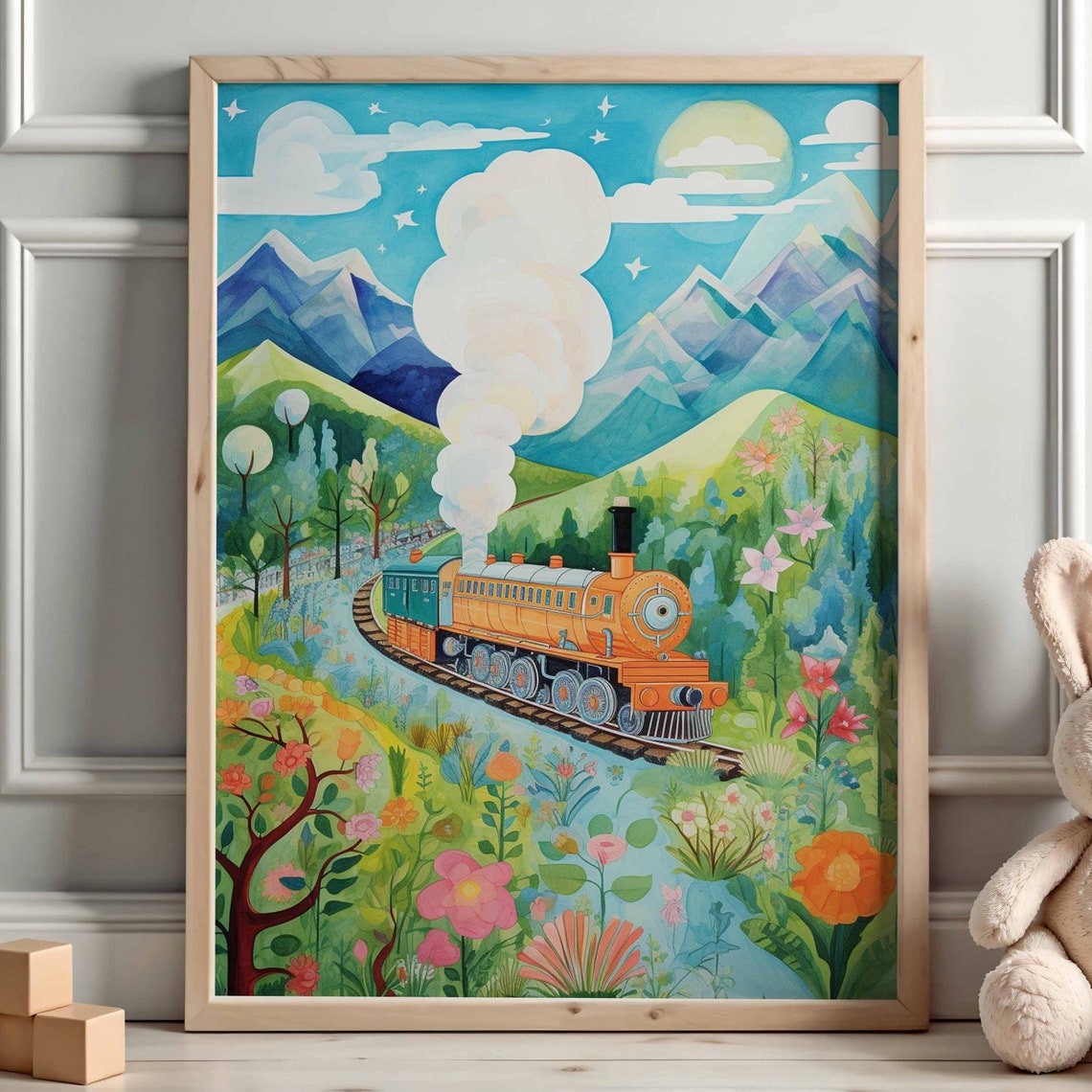 Orange Steam Train Curving Track Green Mountain Valley Poster