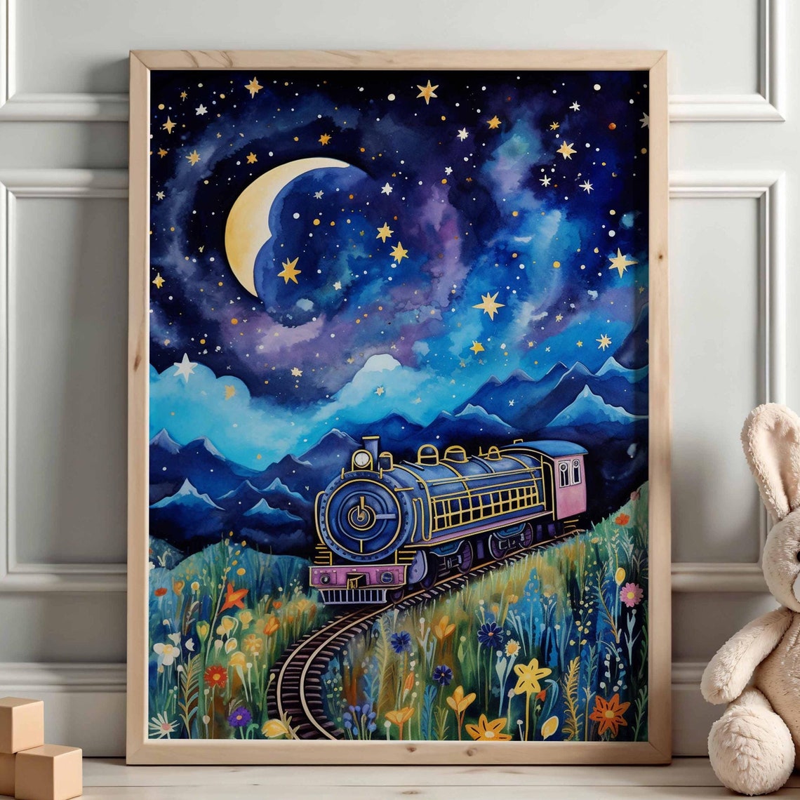 Starry Night Steam Train Under Crescent Moon Mountains Poster