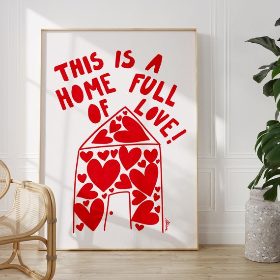 Home Full Of Love Red And White Wall Art Dopamine Decor Positive Hand Drawn Posters Fun Kitchen Prints Bar Cart
