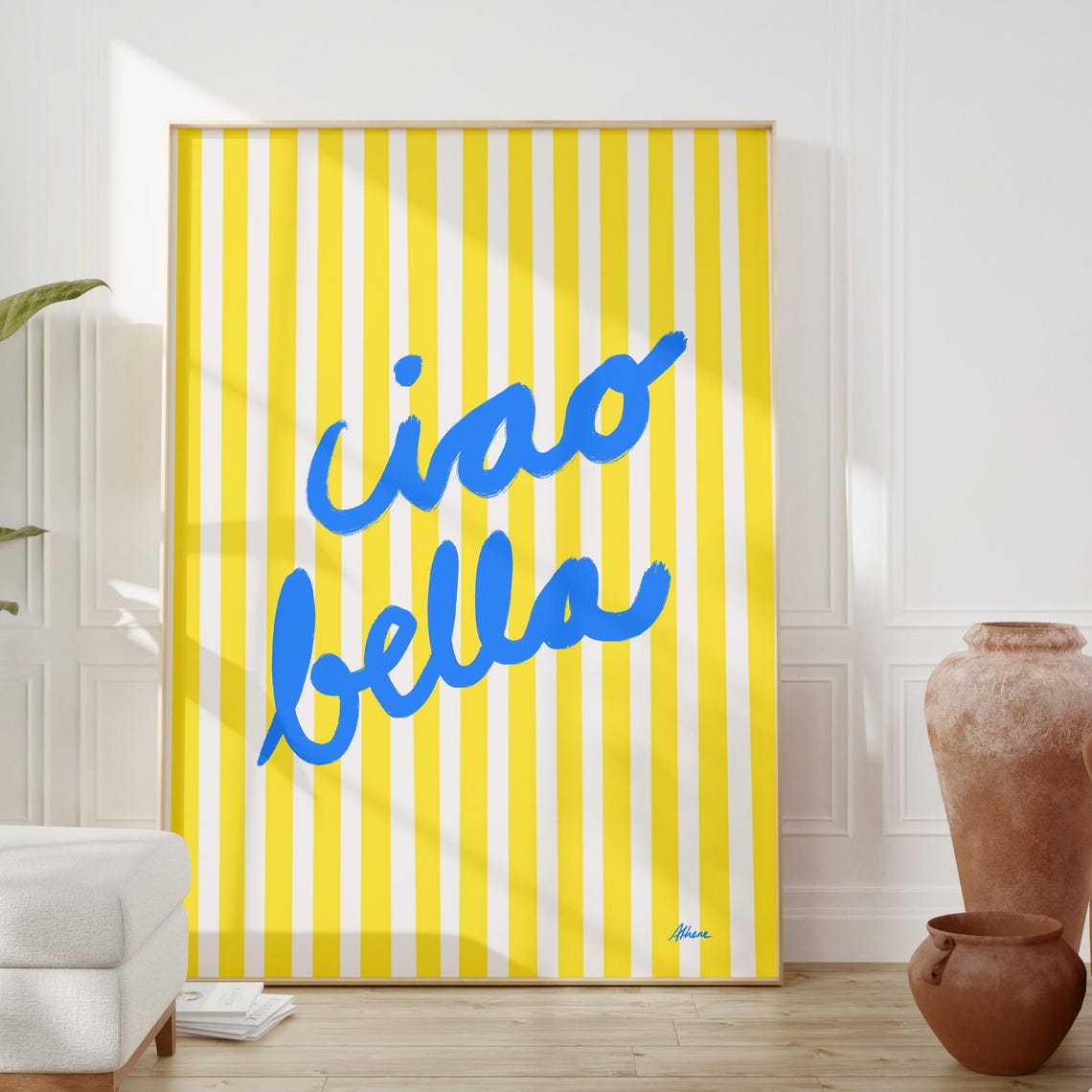 Ciao Bella Blue Script on Yellow Stripe Typography Decor Poster