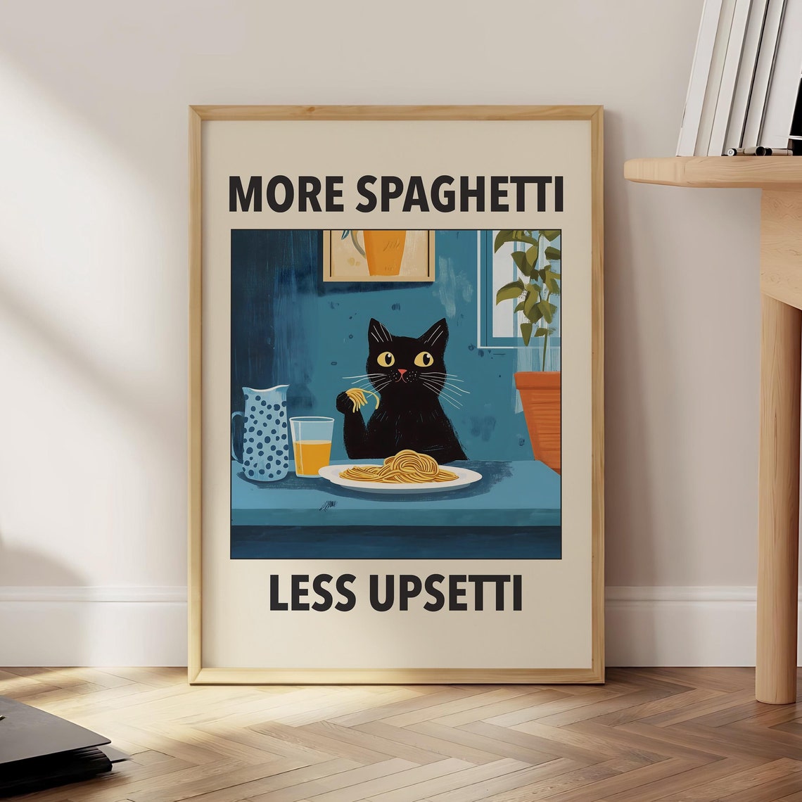 More Spaghetti Less Upsetti Cat Poster Retro Diner Pasta Print Italian Kitchen Funny Black Wall Art Optional Frame