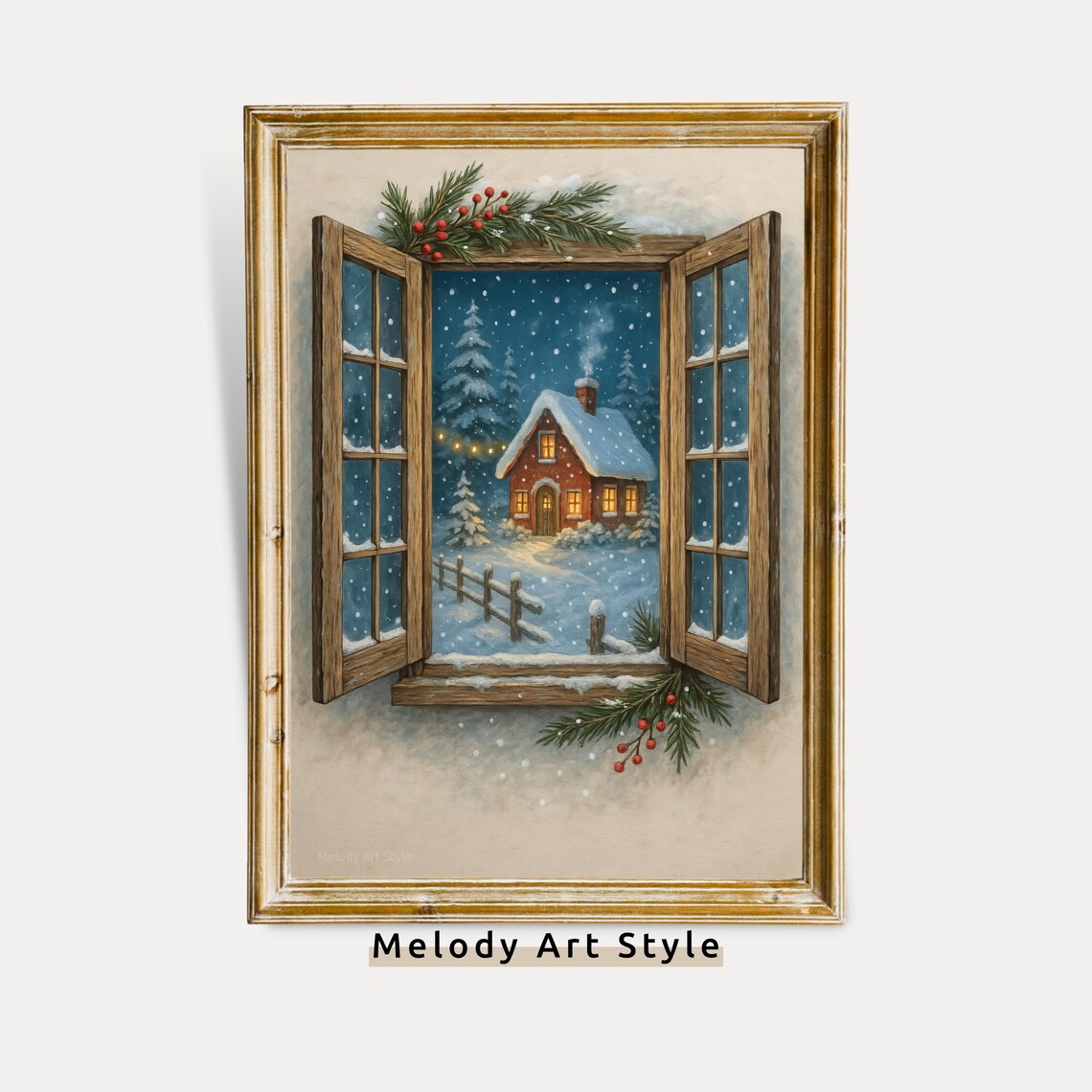 Open Window View Of Red Snowy Cabin Christmas Scene Decorative Poster