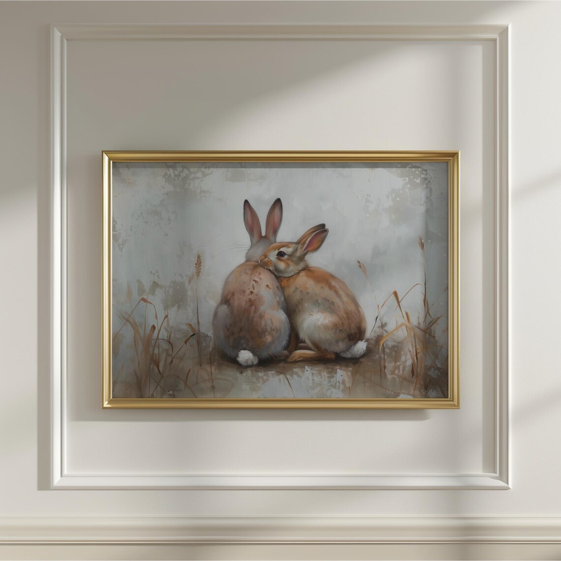 Two Cuddling Bunnies Vintage Oil Painting Cozy Rustic Rabbit Wall Art Poster - Image 2