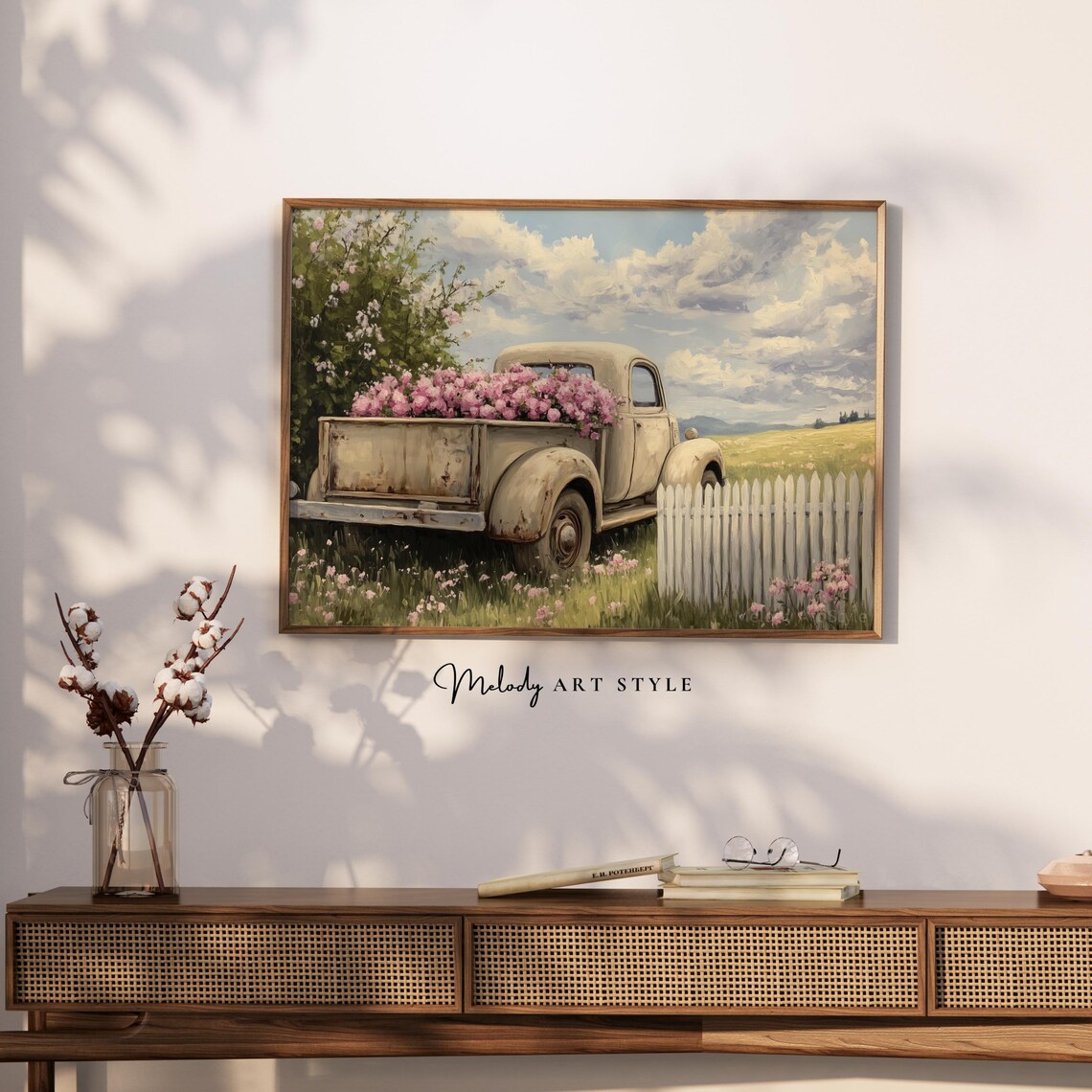 Vintage Cream Pickup Truck With Pink Flowers Country Farm Poster - Image 2