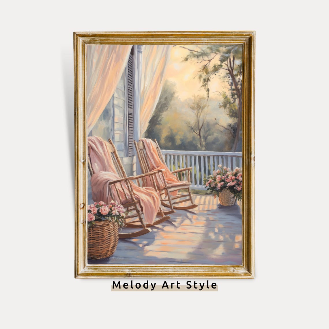 Sunlit Porch Rocking Chairs Pink Roses Golden Light Art Poster