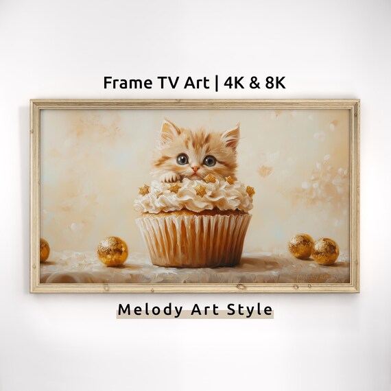 Kitten Sitting In Golden Cupcake Star Sprinkles Cute Birthday Cat Art Poster