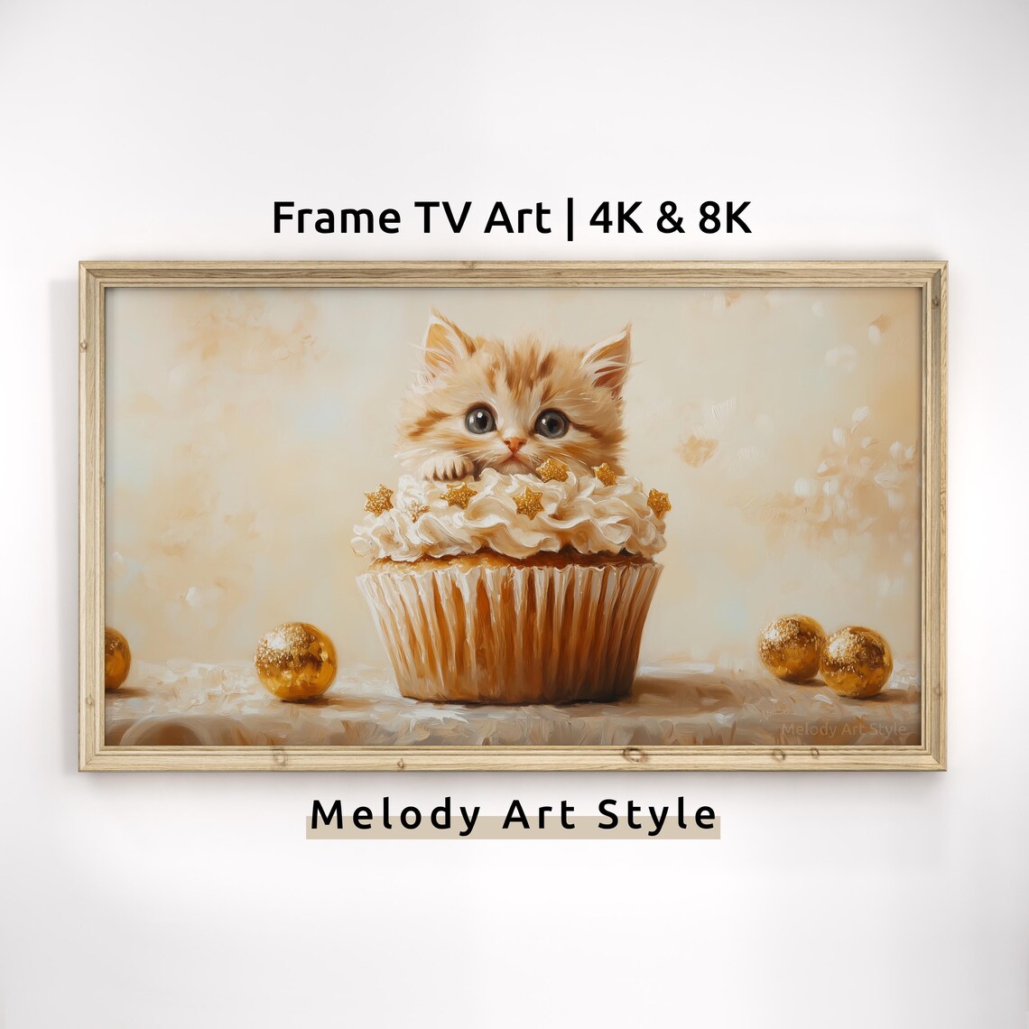Kitten Sitting In Golden Cupcake Star Sprinkles Cute Birthday Cat Art Poster